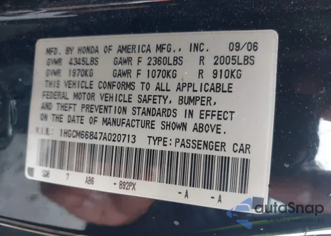 2007 Honda Accord 3.0 Ex from USA, damaged, VIN 1HGCM66847A020713